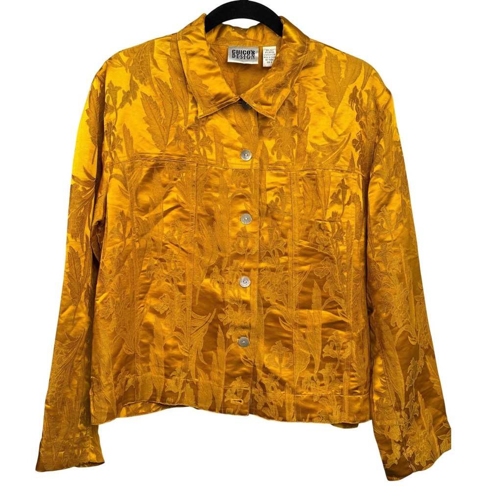Chicos Design Yellow Silk Blend Floral Jacquard Button Front Jacket Size 2 Large